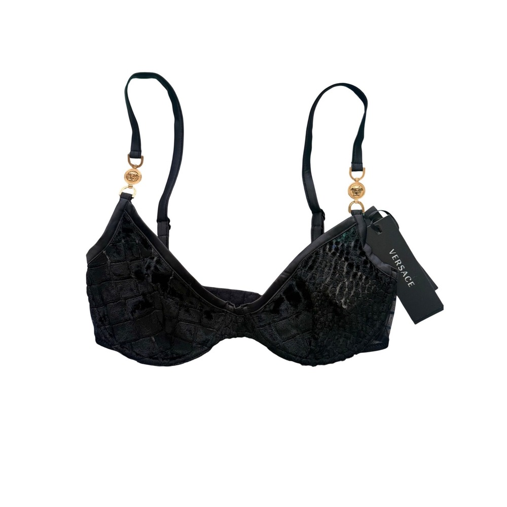 Versace Black Croc Velvet Tulle Medusa Biggie Underwire Bra 1012274‎ Size 1D NWT